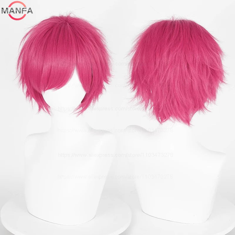 Un par de piezas de cabello con peluca corta de rosa brillante exhibidas en un maniquí de cabeza blanca.