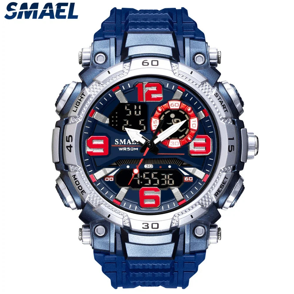 A blue and silver digital wristwatch with a rotating bezel and display showing time and features like light and start functio