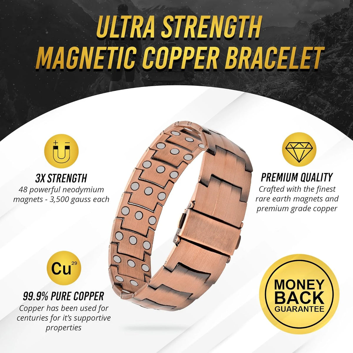 A close-up of an ultra strength magnetic copper bracelet worn on a wrist.