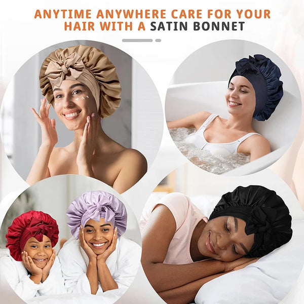 Women using satin bonnets to care for their hair, showing different styles and applications.