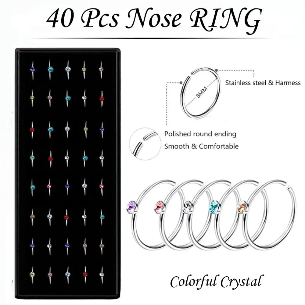 A set of 40 nose rings made of stainless steel and colorful crystal for piercing