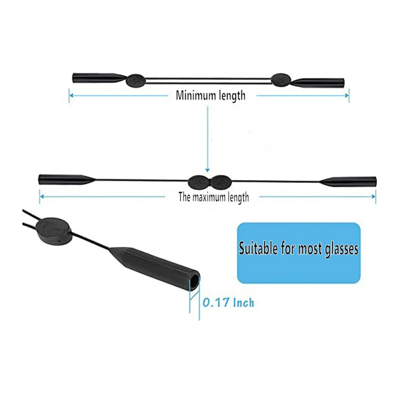 Adjustable silicone eyewear strap shown with minimum and maximum length measurements.