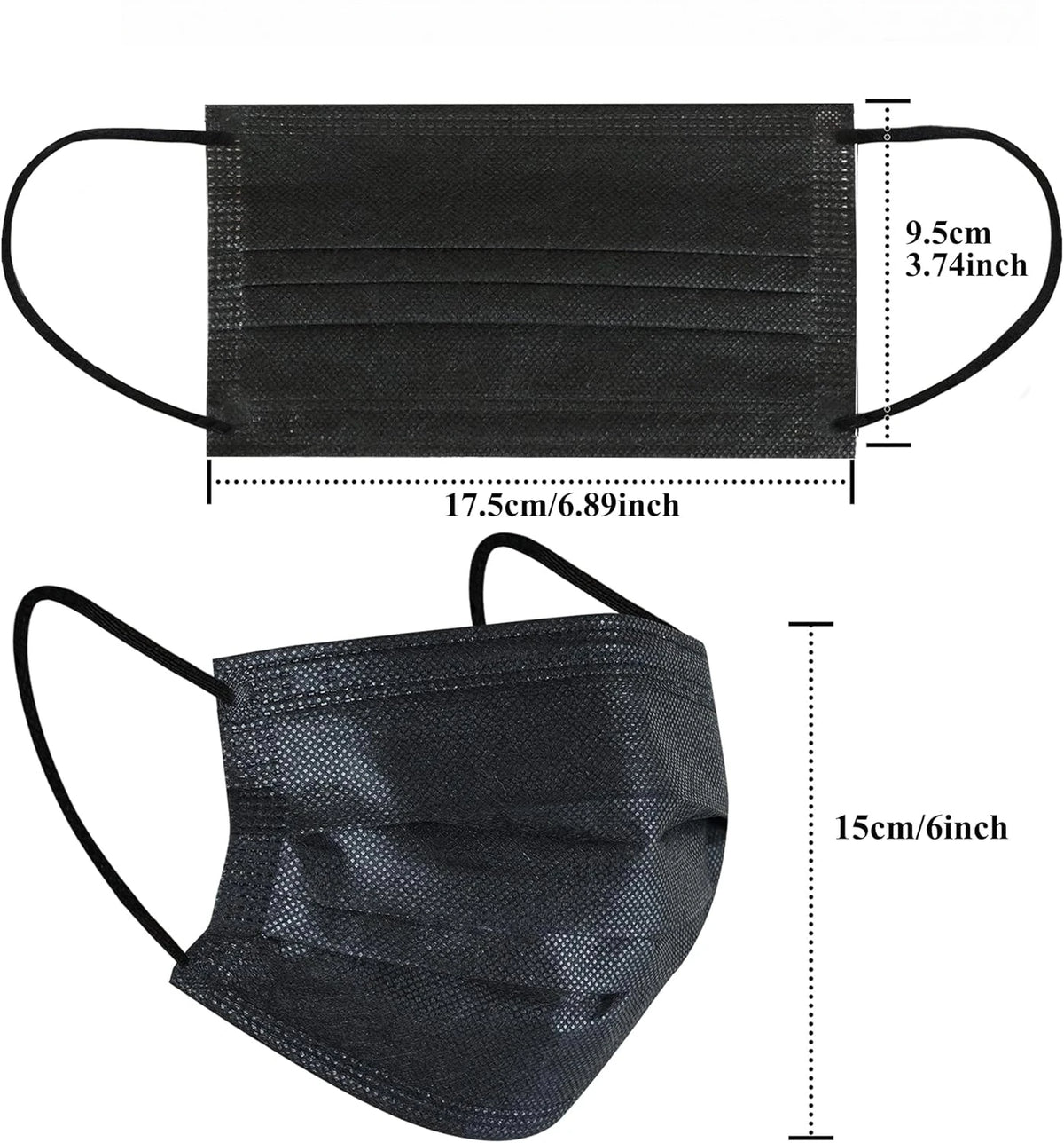 Black disposable protective face mask with elastic ear loops and a pleated design.