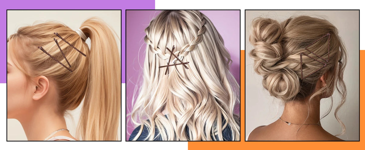 A set of brown hair and clear bobby pins used for styling and securing hair.