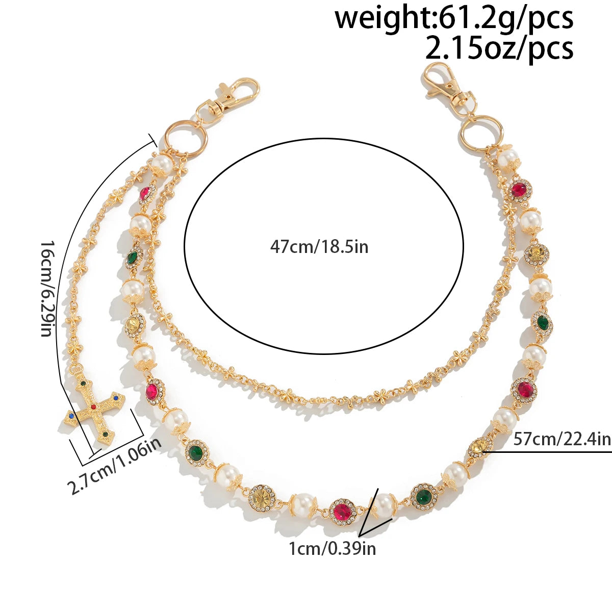 Gold pearl cross pendant necklace with green and red accents shown against a white background.