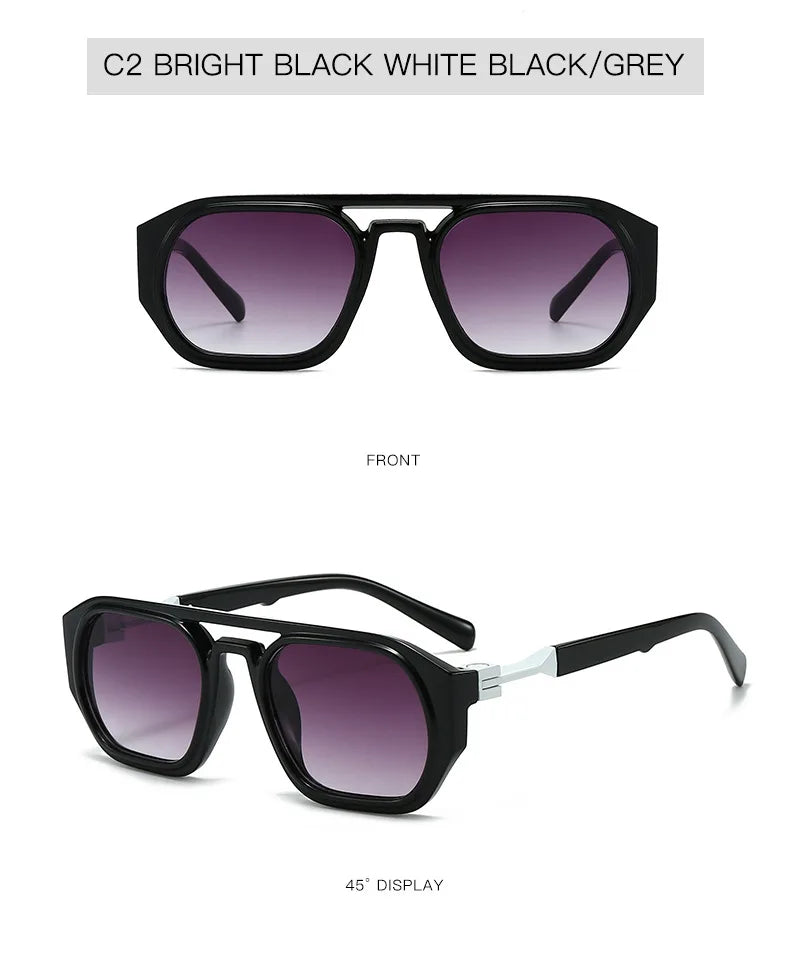 Gafas de computadora cuadradas negras anti-luz azul, mostradas desde el frente y un ángulo de 45 grados.