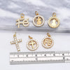 Gold plated charms featuring the letter F, E, and a Virgin Mary figure with a cross design