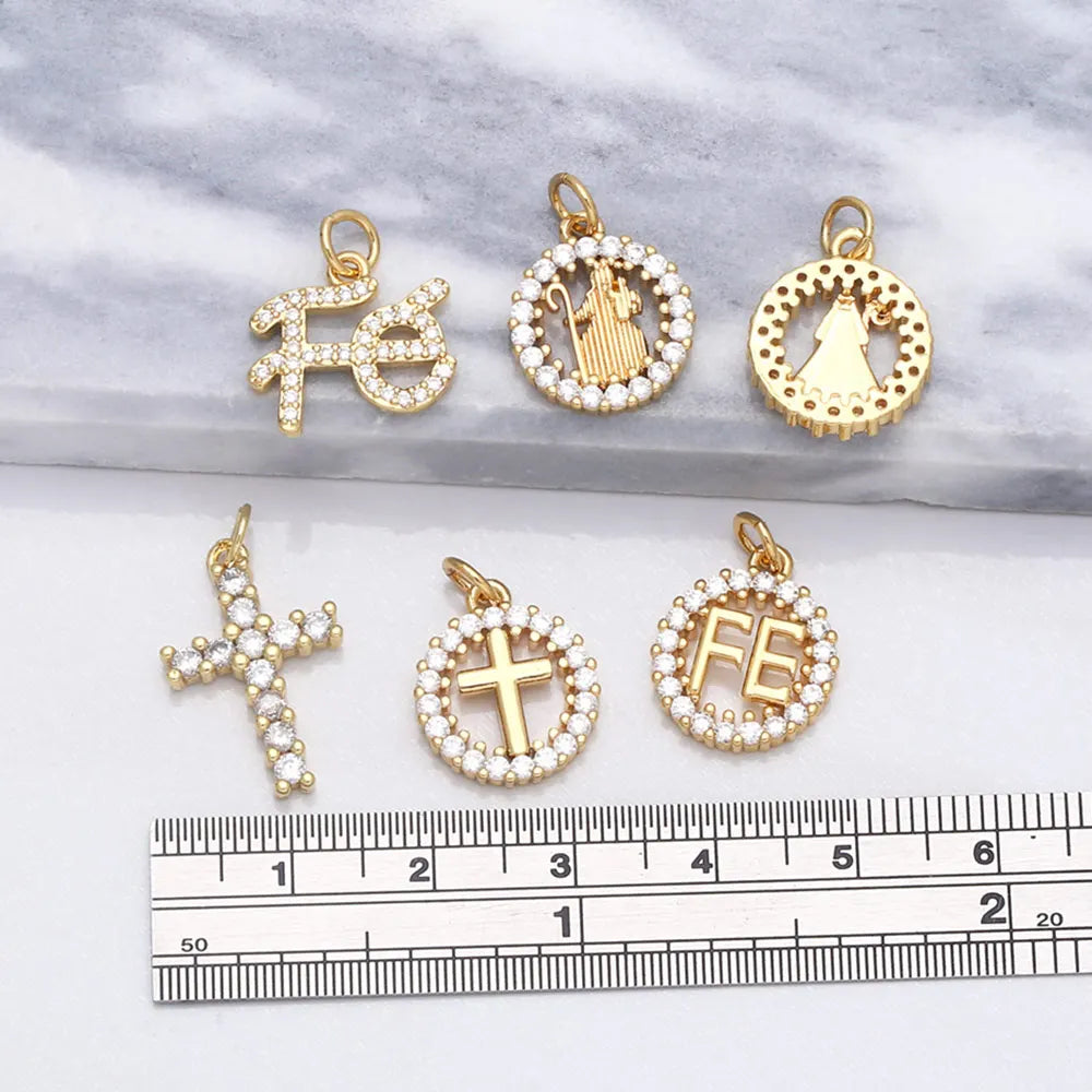 Gold plated charms featuring the letter F, E, and a Virgin Mary figure with a cross design
