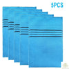 A set of five blue exfoliating bath washcloths stacked together.