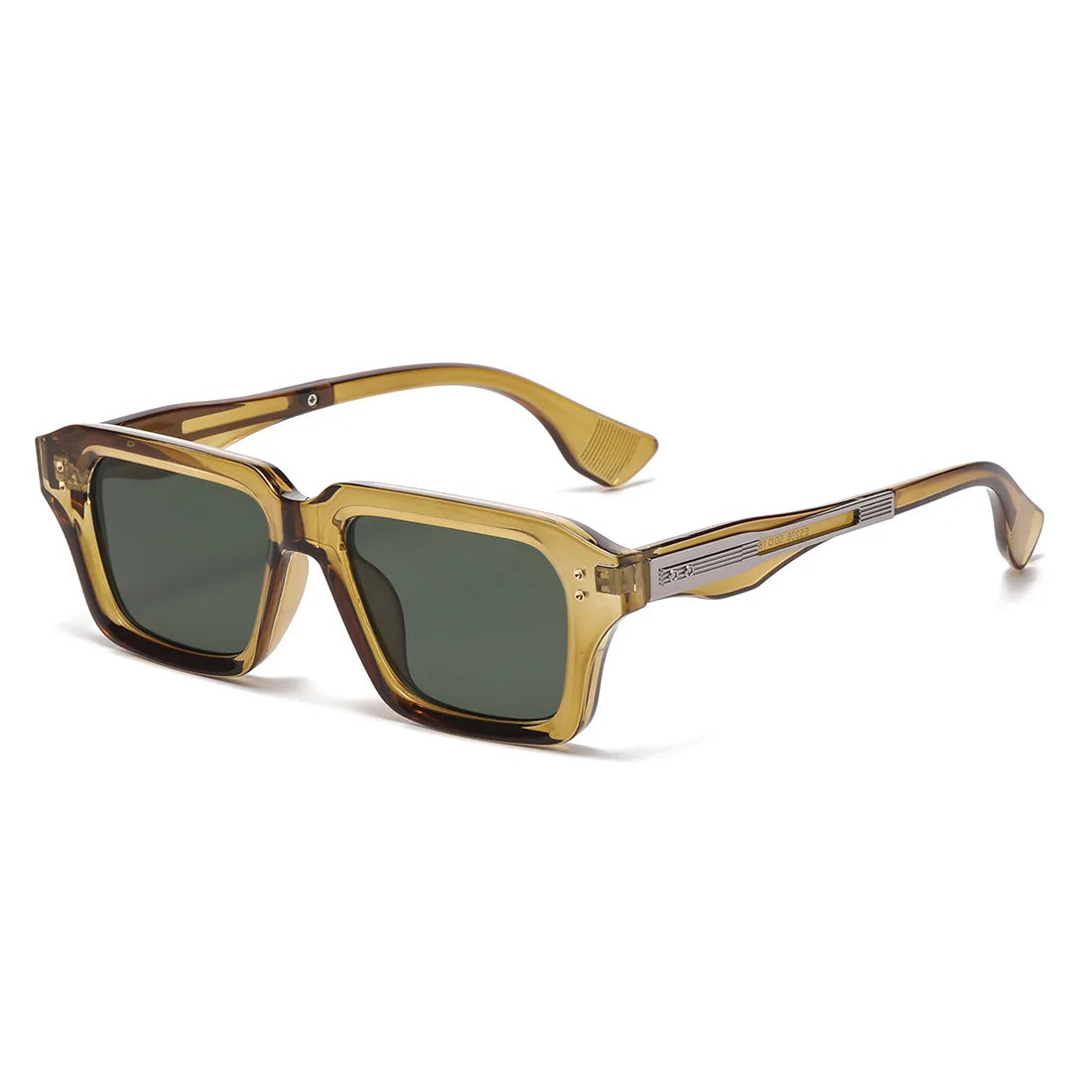 Retro quadratische Metall-Sonnenbrille mit bernsteinfarbenem Rahmen und grün getönten Gläsern