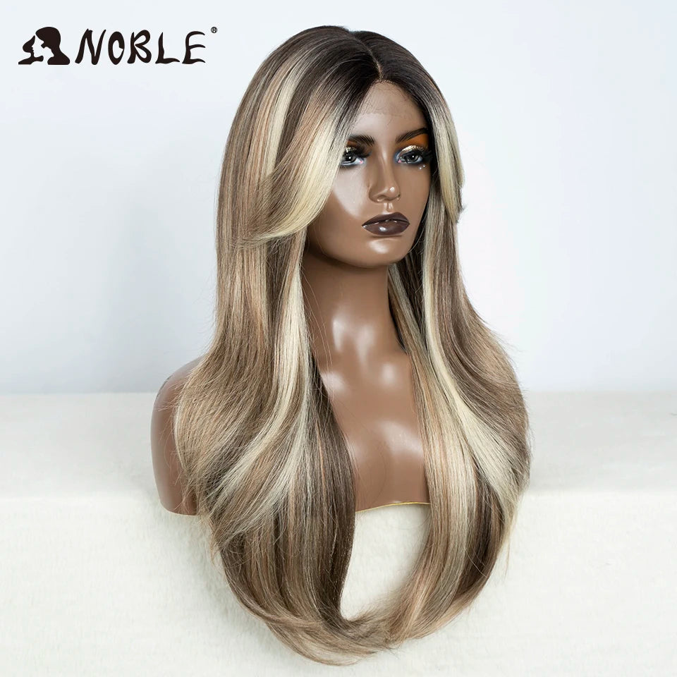 A model displays a 26-inch straight ombre lace front wig with long, layered blonde and brown hair.