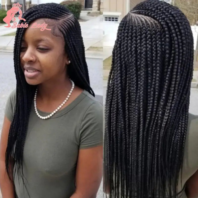 A woman models a 36-inch braided cornrow wig with long black hair, shown from the side and the back.