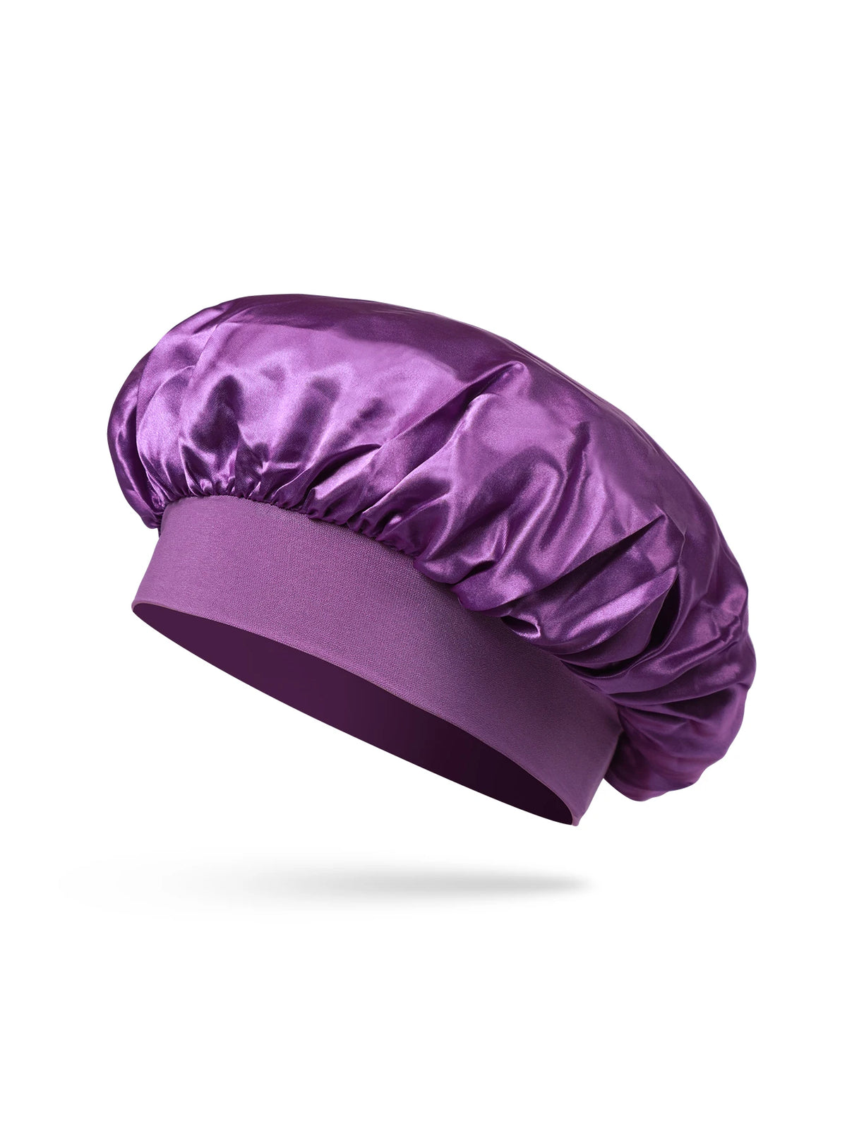 Un bonnet de cheveux en satin de soie violet vu de côté.