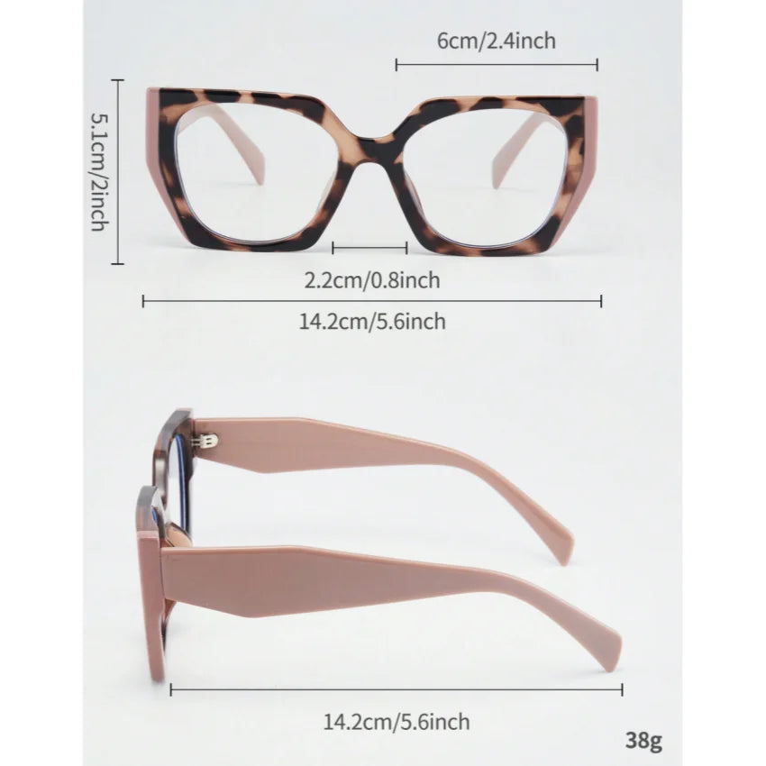 A pair of large, square-shaped fashion glasses with a leopard print frame and pink temples.