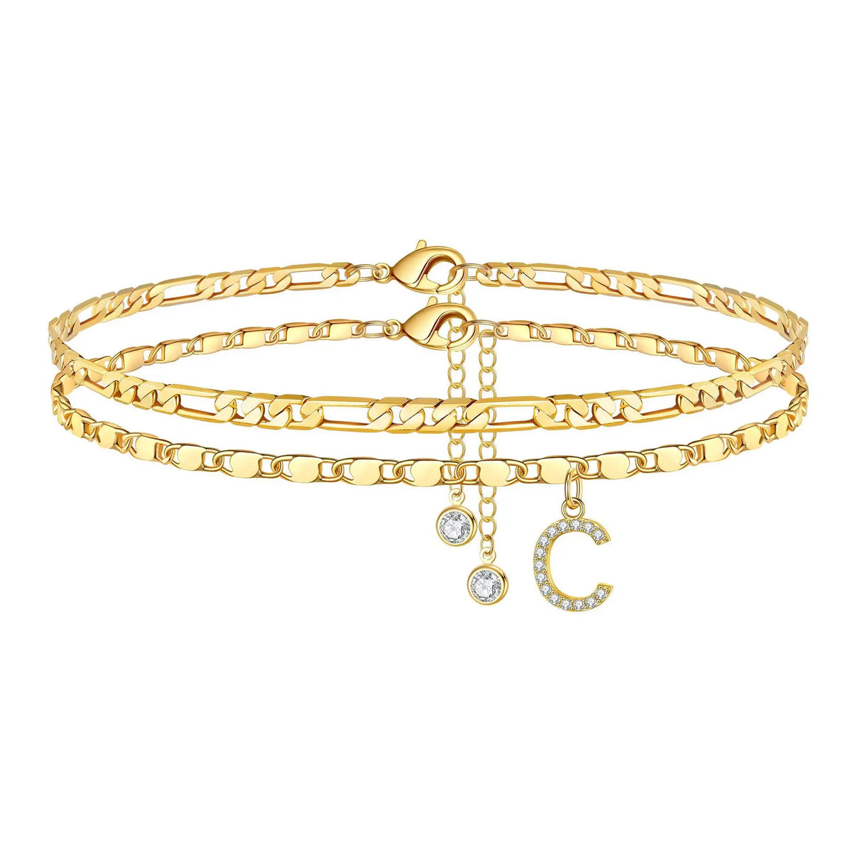 Gold plated initial letter anklet featuring a chain and a charm letter C