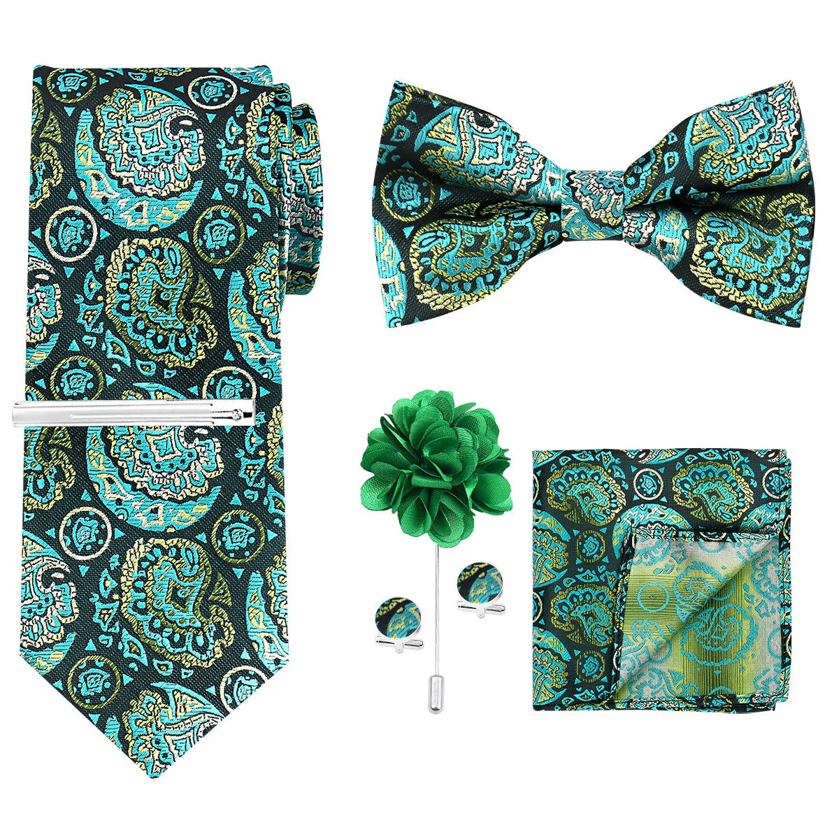 A set of men's formal tie and accessory featuring a teal and black paisley pattern.
