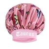 Pink butterfly satin sleep bonnet and headband set with a Taurus design