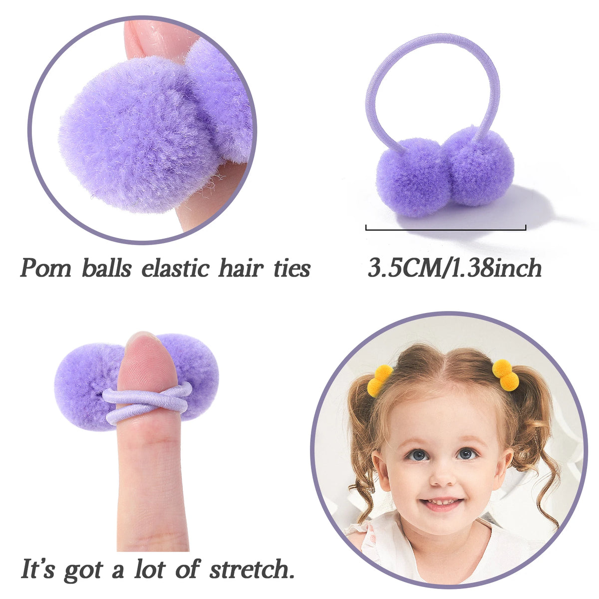 Purple pom balls elastic hair ties demonstrating stretch and used on a child's hair.