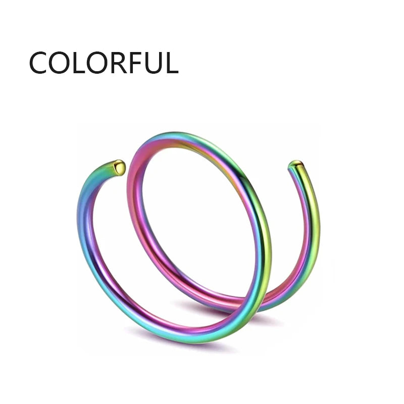 A colorful, iridescent hoop nose ring jewelry piece shown against a white background.