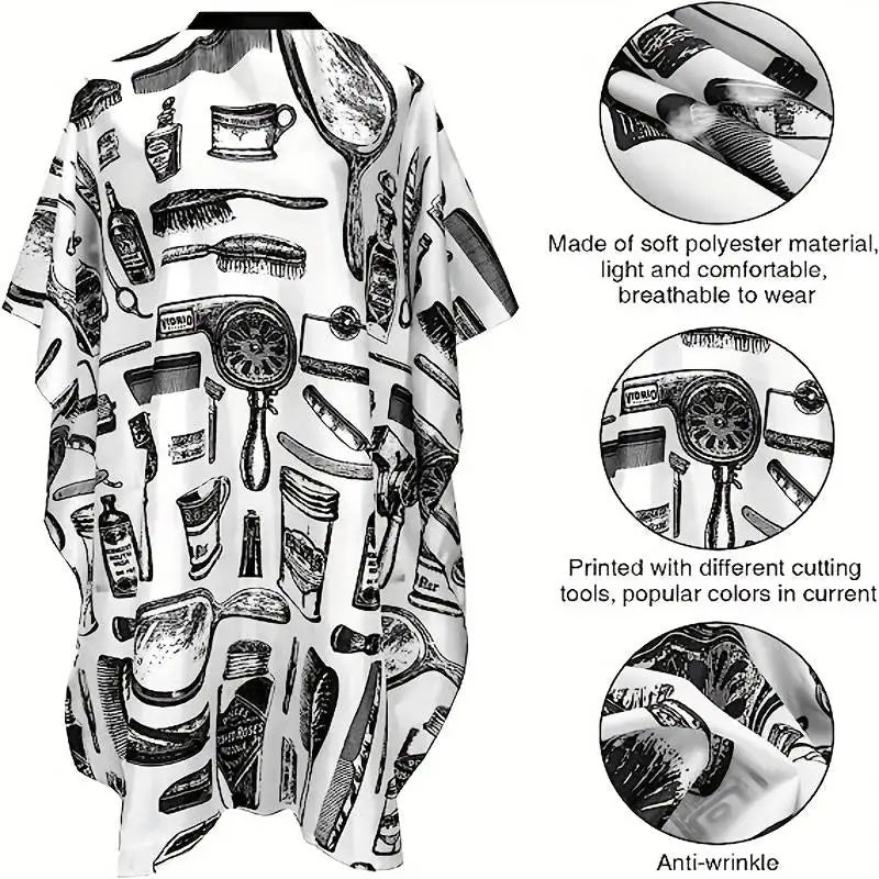 Black and white professional hair cutting and styling apron with various tools printed on it