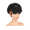 Peluca afro rizada y encrespada negra con diadema estampada, exhibida en maniquí.