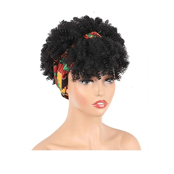 A black curly afro kinky wig with a patterned headband displayed on a mannequin head.