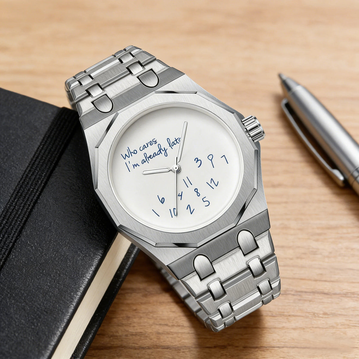 A silver stainless steel watch with a white dial and a slogan on the face rests on a wooden surface.