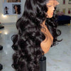 A long, dark black Peruvian Body Wave HD lace front wig displayed on a mannequin.