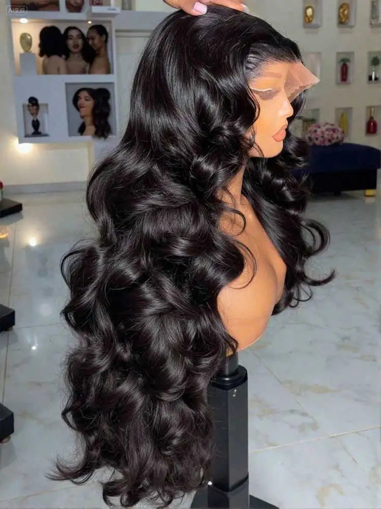 A long, dark black Peruvian Body Wave HD lace front wig displayed on a mannequin.