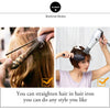 Instructions showing how to straighten hair using a hair iron.