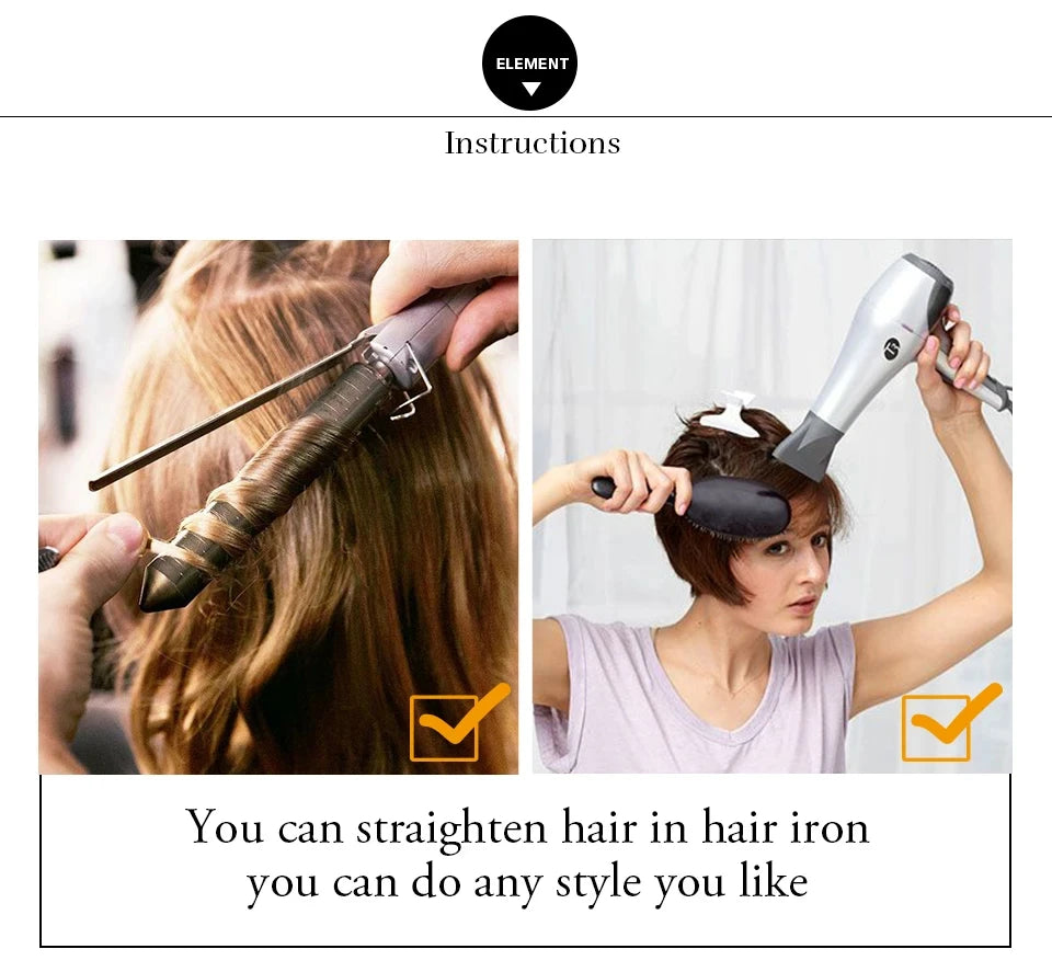 Instructions showing how to straighten hair using a hair iron.
