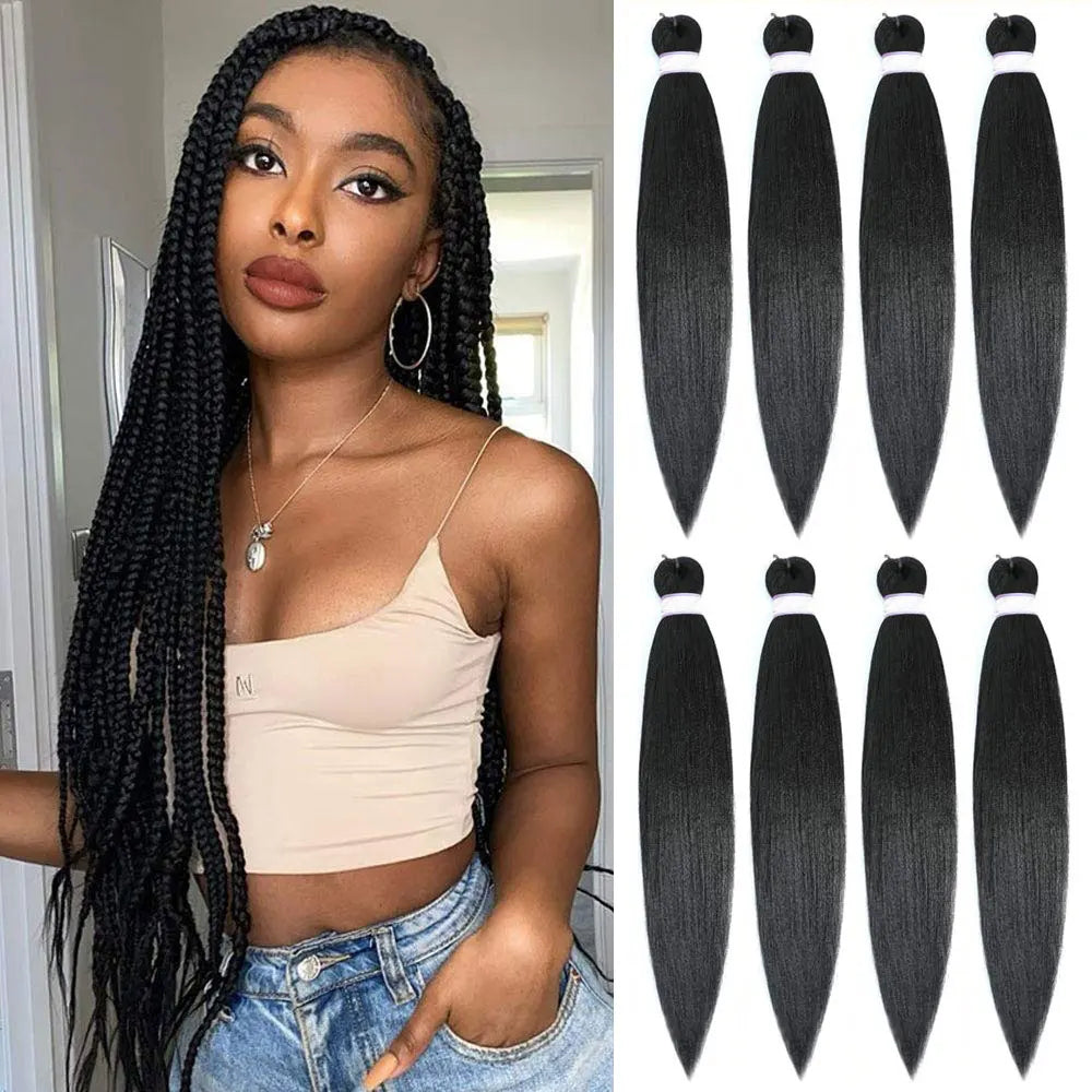 A woman models long black pre-stretched ombre braiding hair extensions