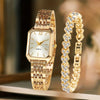 Montre de quartz dorée et bracelet à strass assortis, présentés sur une surface claire.