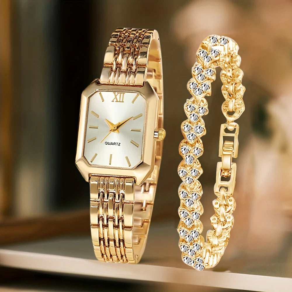 Montre de quartz dorée et bracelet à strass assortis, présentés sur une surface claire.