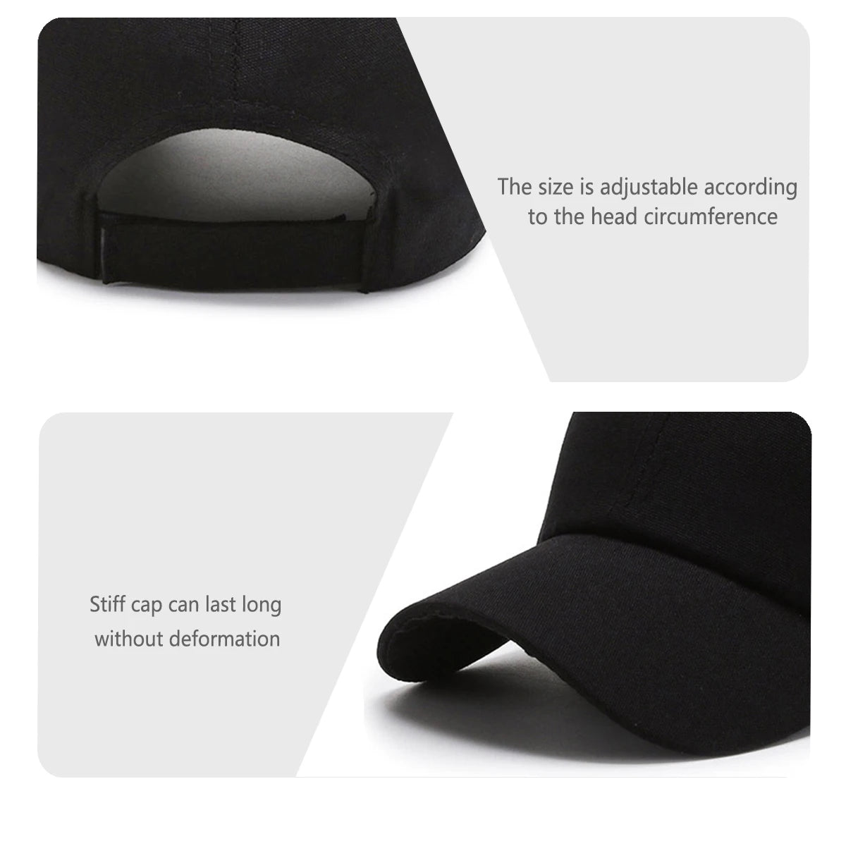Black cotton curved visor hat shown in different angles with text describing its adjustable size and stiff cap feature