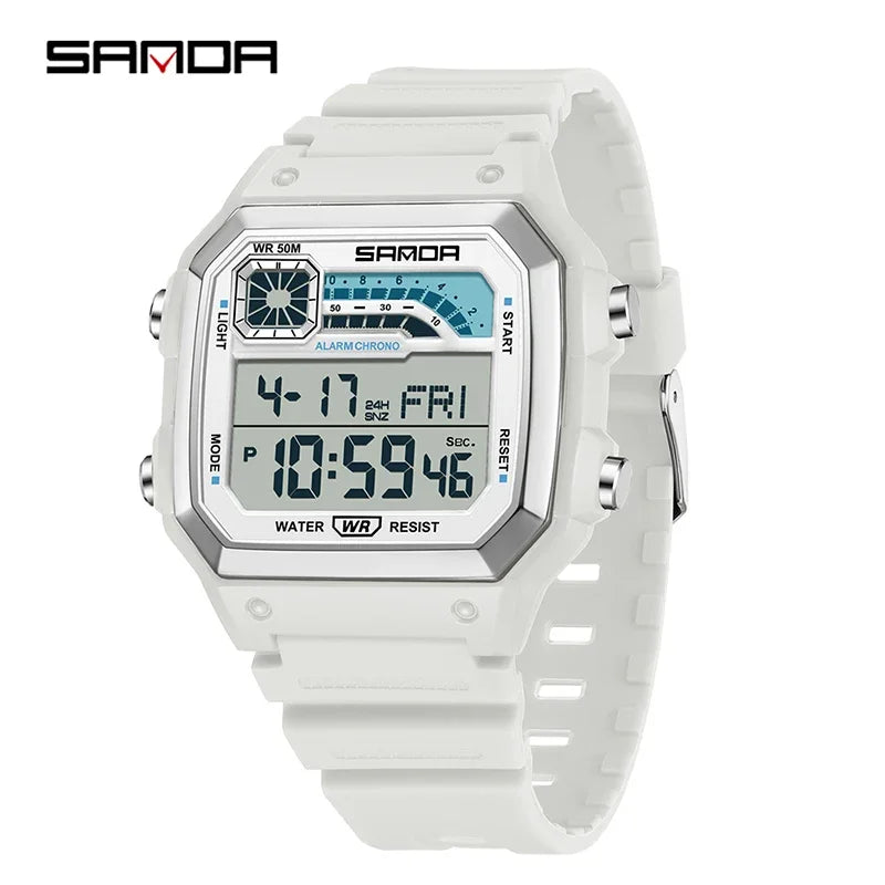 A white digital sports wristwatch with a light, alarm, and chronograph function displayed on a wrist.
