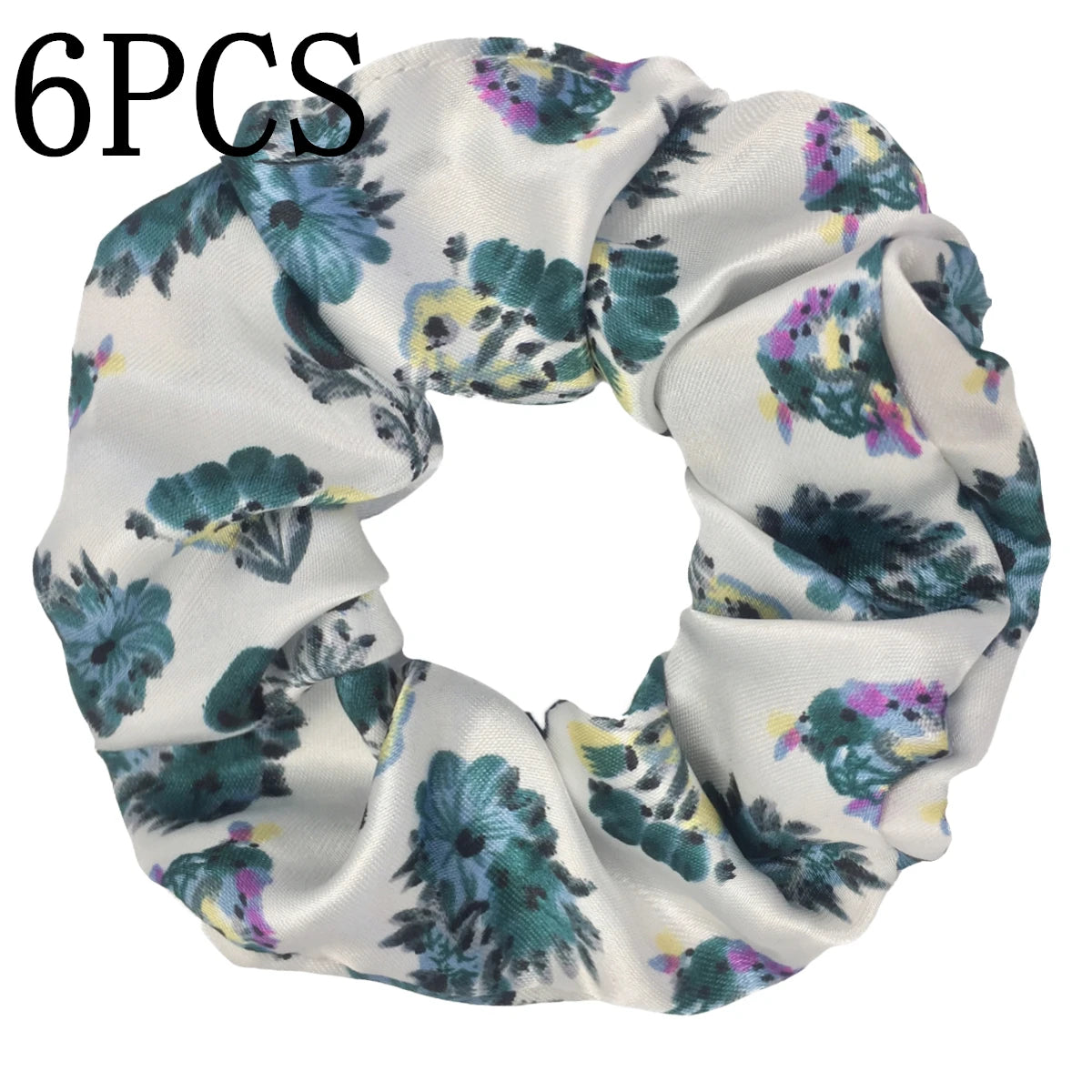 Seis gomas de tela satinada con estampado floral en tonos verde azulado, azul y morado.
