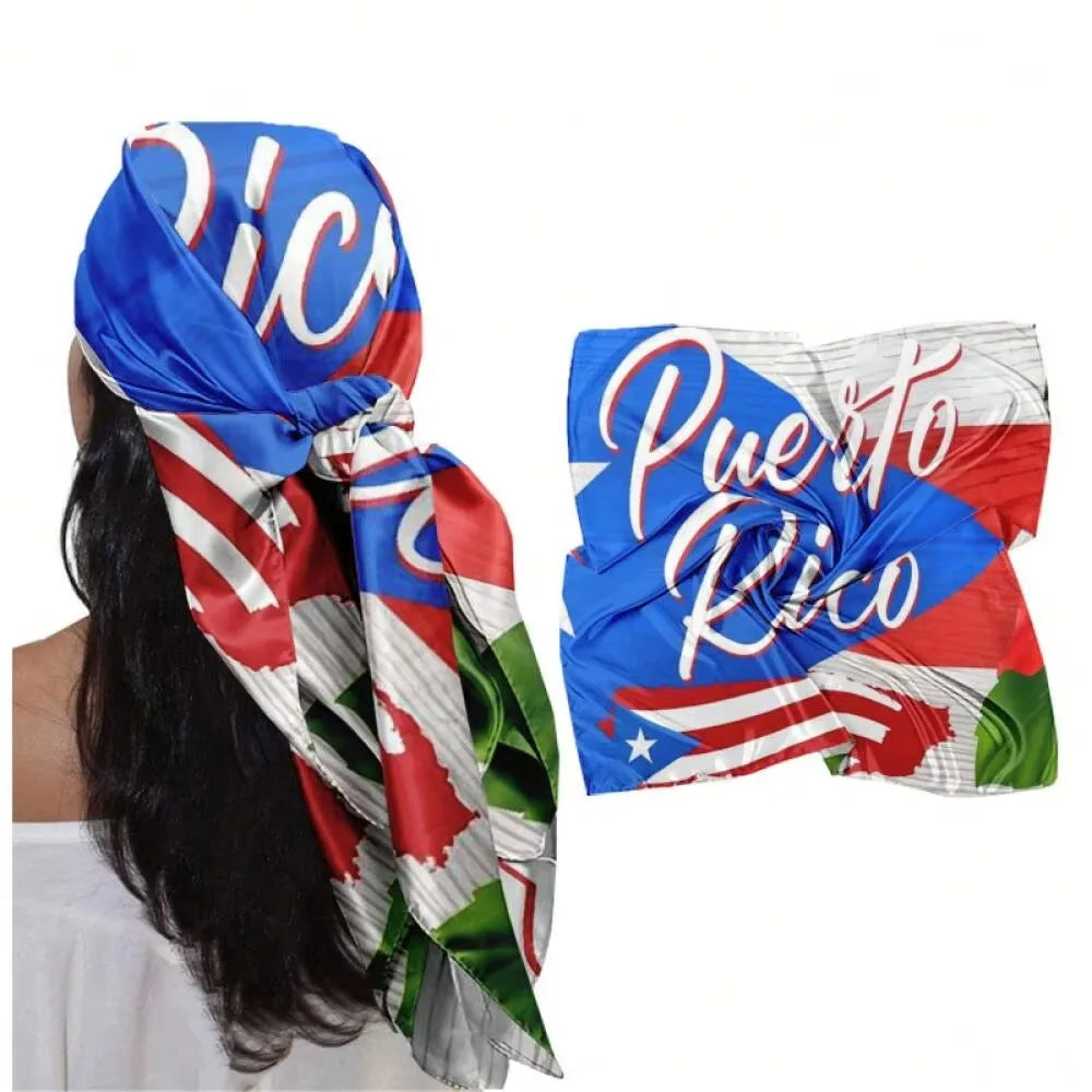 Pañuelo cuadrado azul y rojo con diseño de la bandera de Puerto Rico