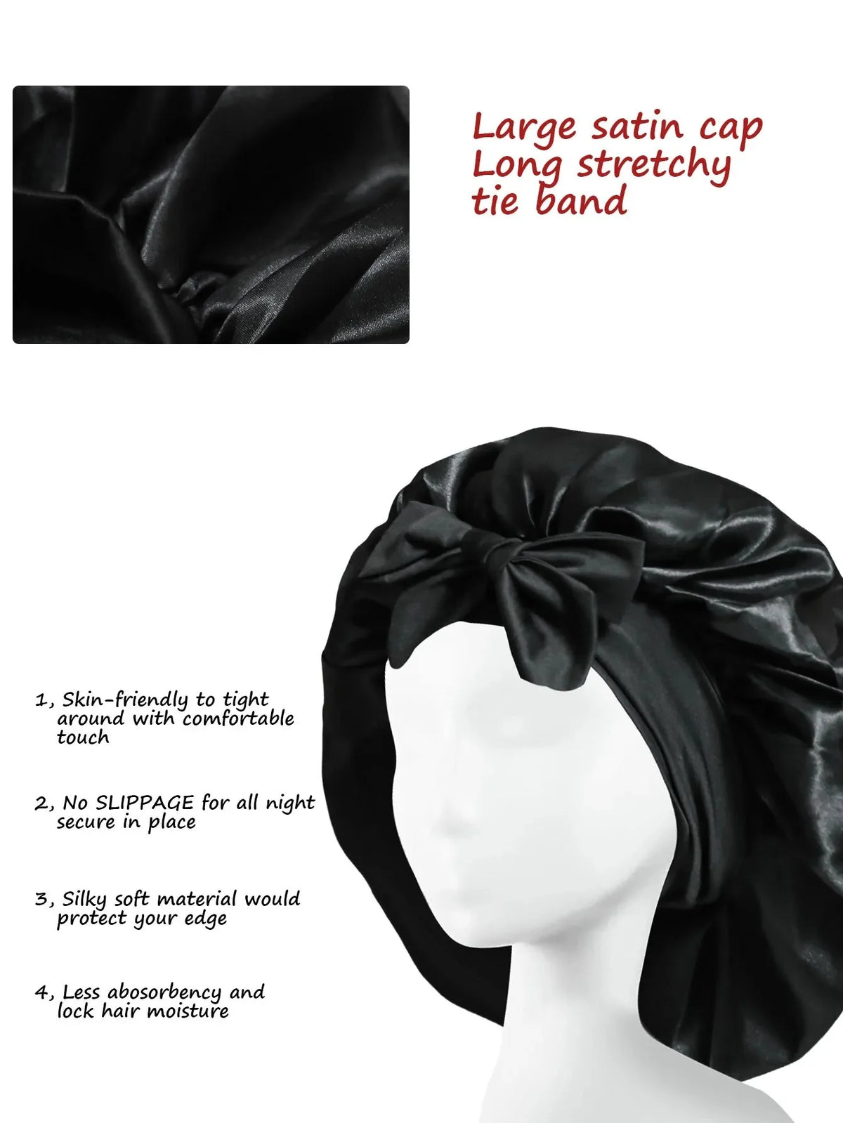 Black satin wide-brimmed hair wrap headscarf shown on a mannequin