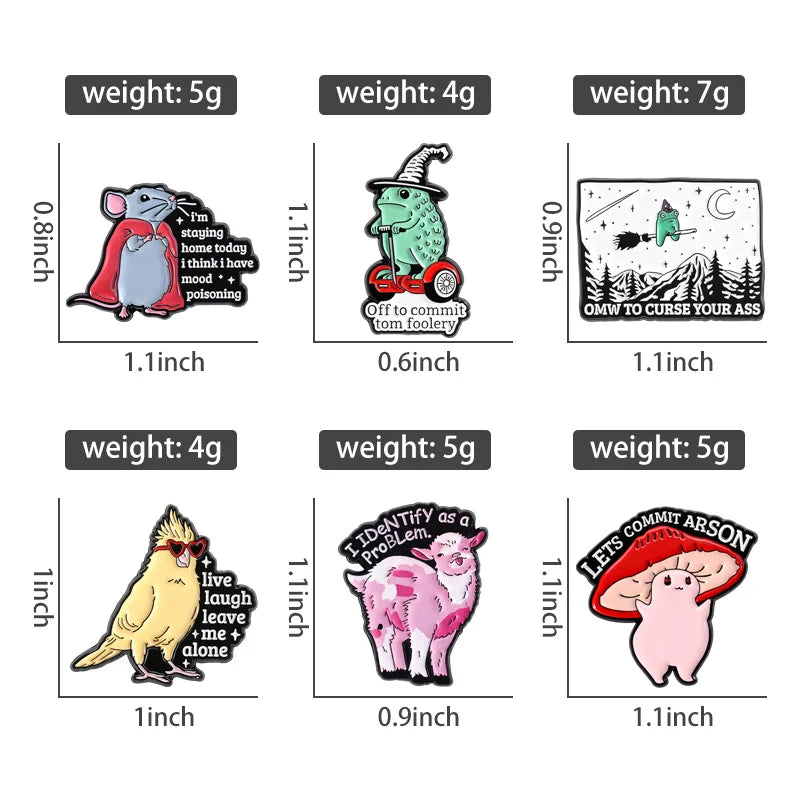 A collection of enamel pins featuring various animals and themed designs with different weights.