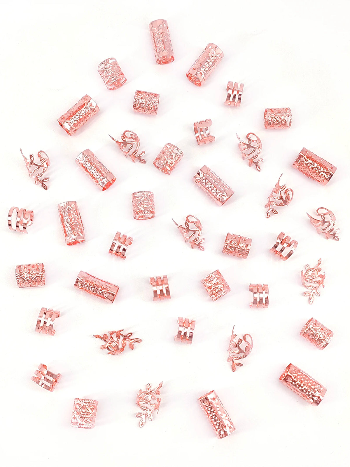 A collection of rose gold glitter hair rings and clips for braiding