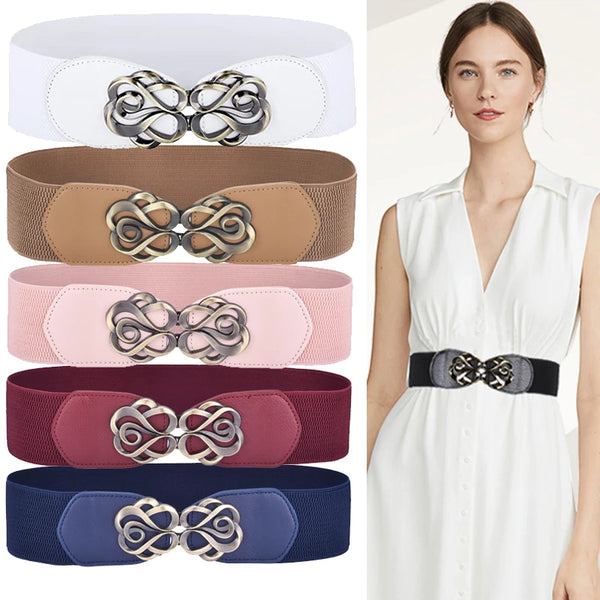 A collection of five vintage leather elastic belts with brass buckles shown next to a woman wearing a white dress.