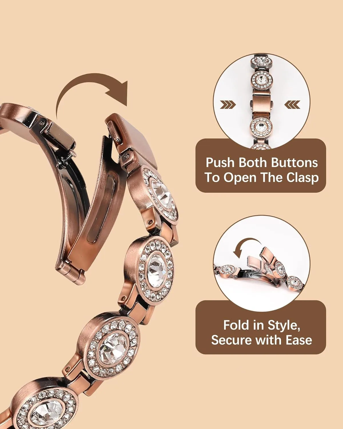 A close-up of a rose gold copper bracelet with crystal accents, showing how to push buttons to open the clasp and fold it for