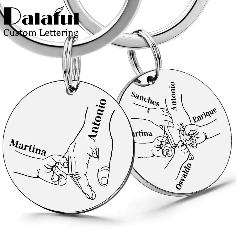 Silver stainless steel keychain with engraved names and family silhouettes