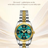A close-up shot of a silver and gold wrist watch with a blue face and green accents, displayed against a soft background.