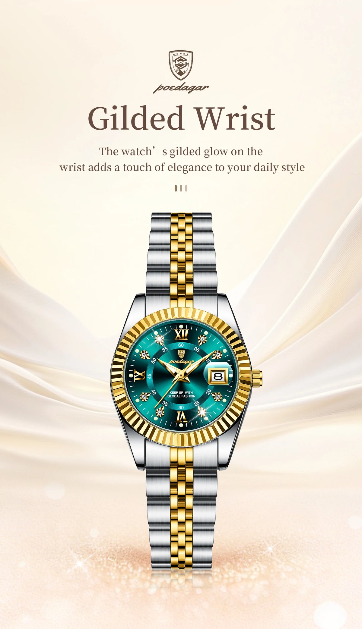 A close-up shot of a silver and gold wrist watch with a blue face and green accents, displayed against a soft background.