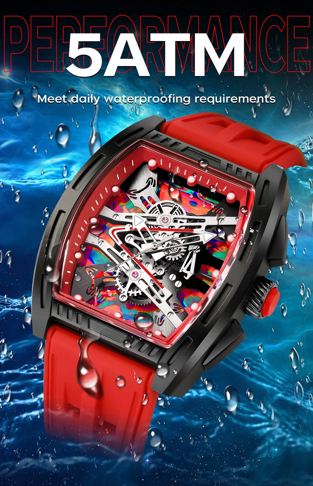 A red and black waterproof watch with a visible mechanical movement is shown against a blue, watery background.