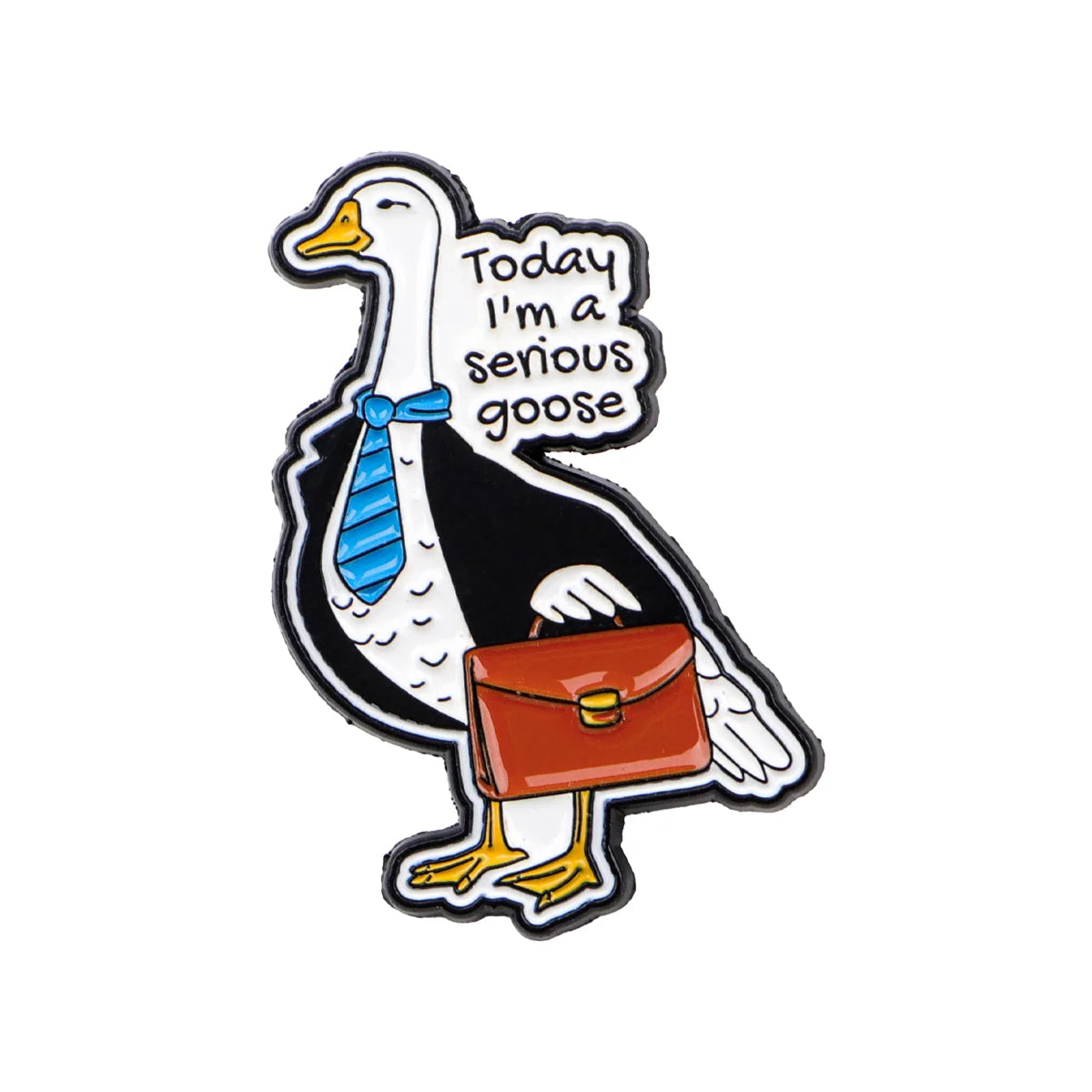 An enamel pin depicting a white goose wearing a blue tie and carrying a brown briefcase.