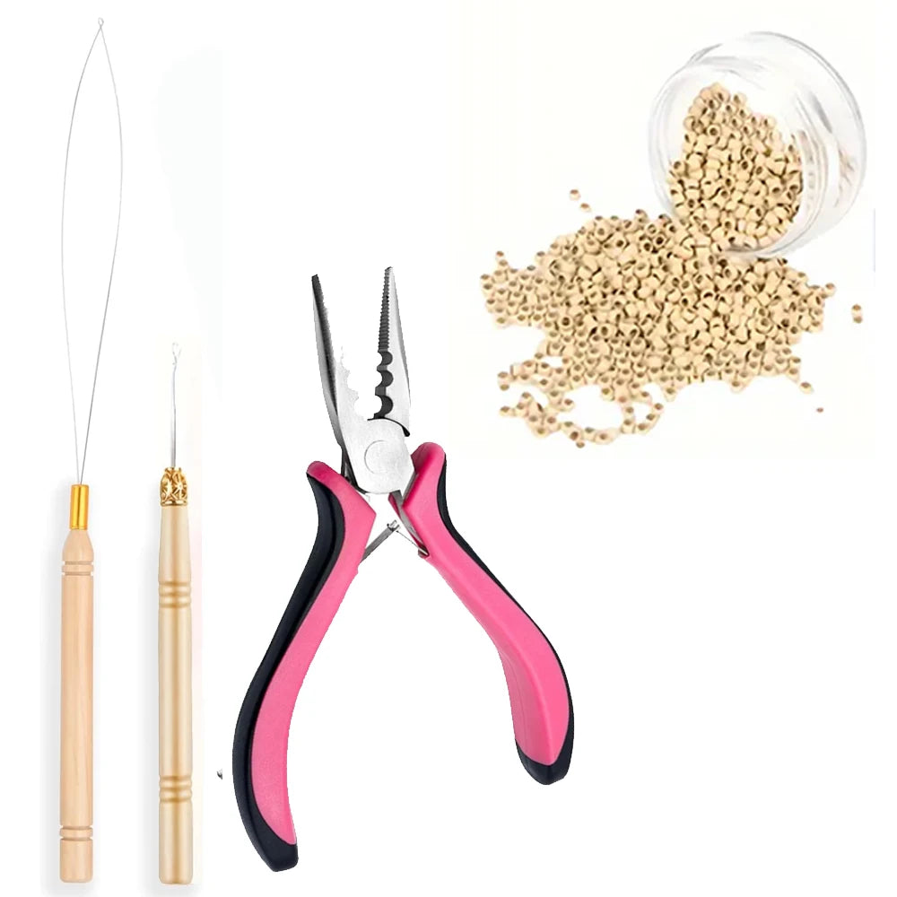 A set of nano copper hair extensions tools including tweezers and scissors next to a bowl of hair extensions