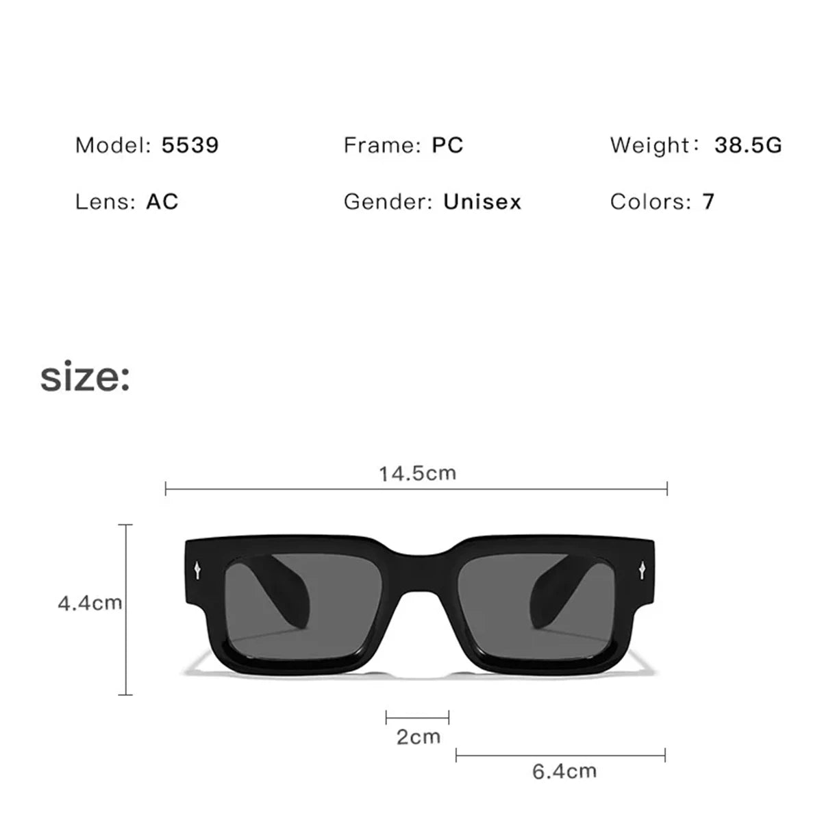 Schwarze quadratische Sonnenbrille mit Maßen und Spezifikationen